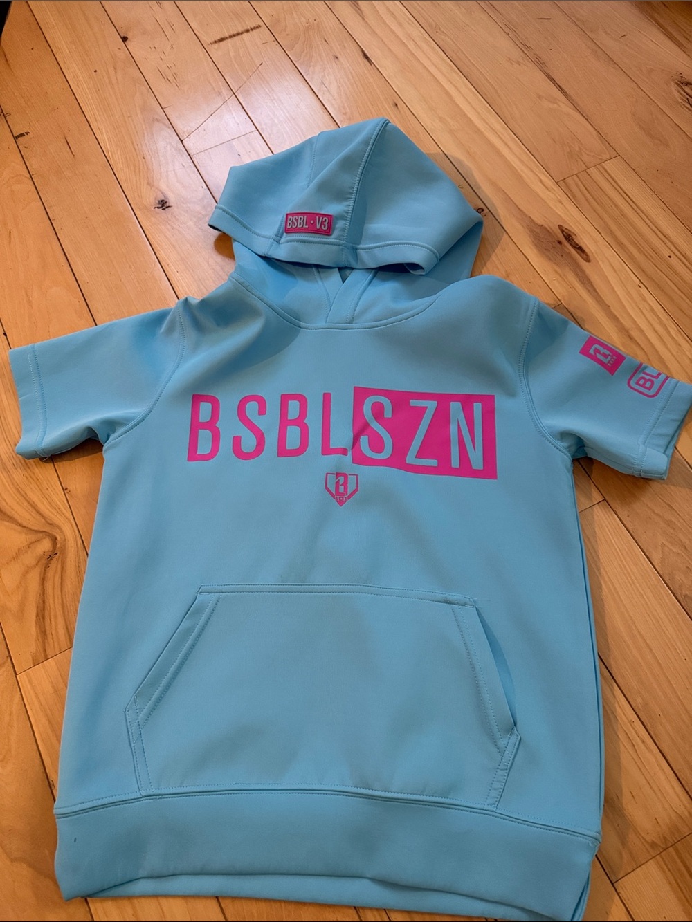 Baseball lifestyle 101 SZN Short-Sleeve Hoodie for Kids — blue with Pink Logo